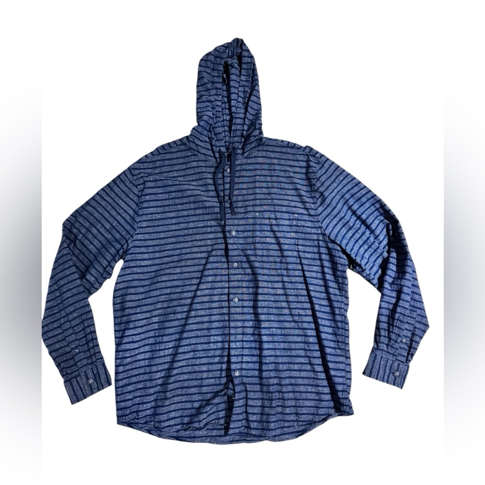 Bruno Linen Blend Button Down Shirt Linen Hoodie Blue Stripe Size XL